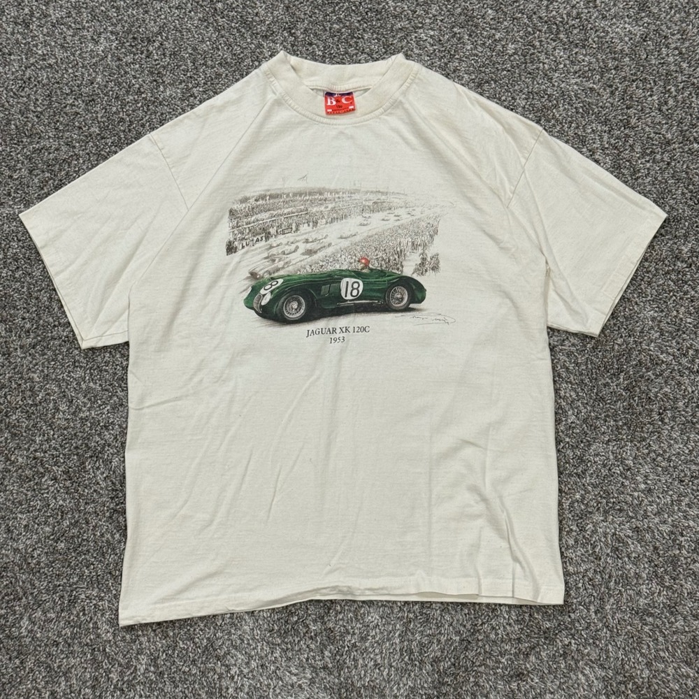 Vintage 90s Jaguar XK 120C 1953 Racing Graphic T-Shirt Mens XL Cream Cotton B&C